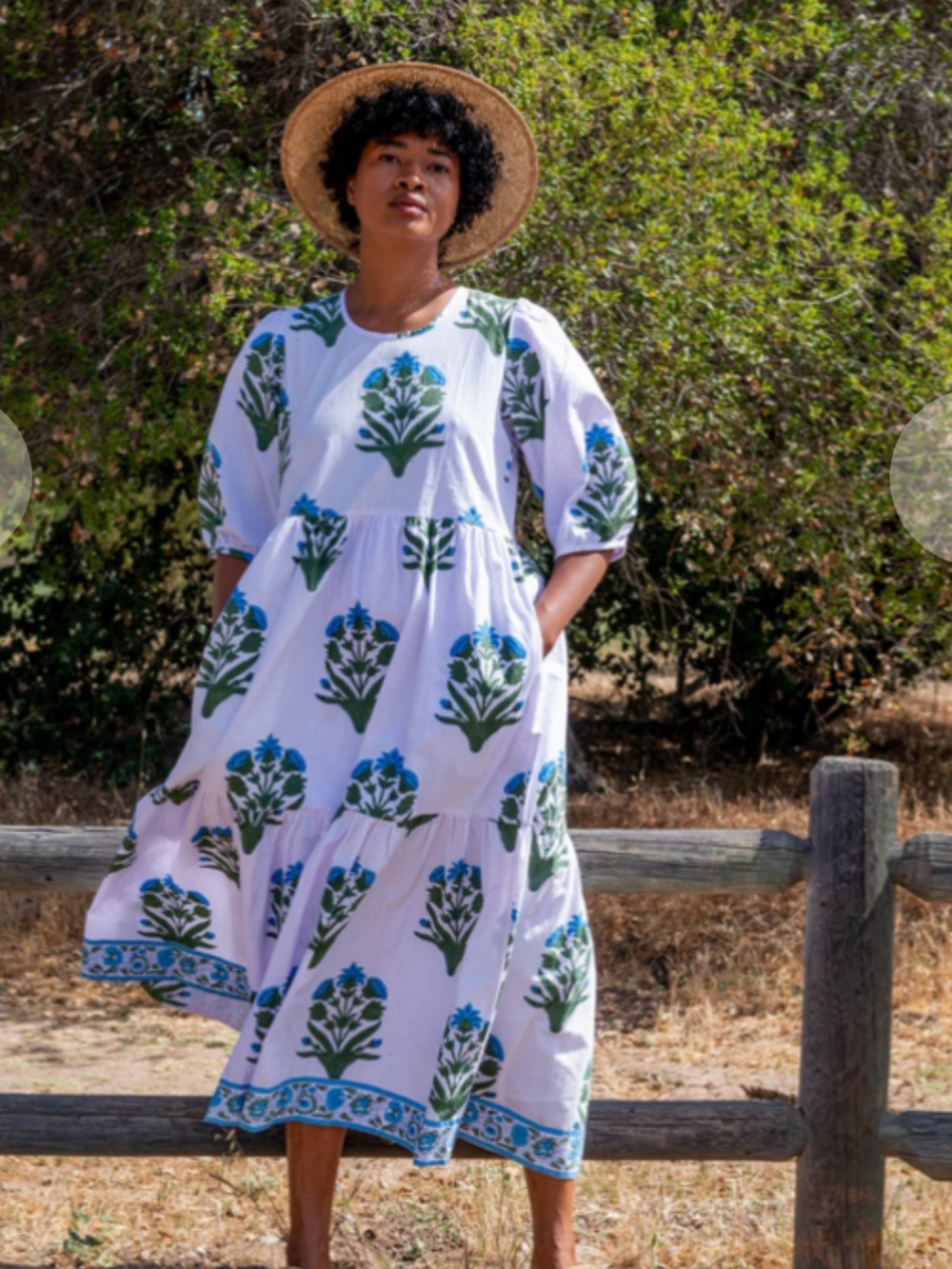 White Maxi Dress with Blue & Green Floral Print